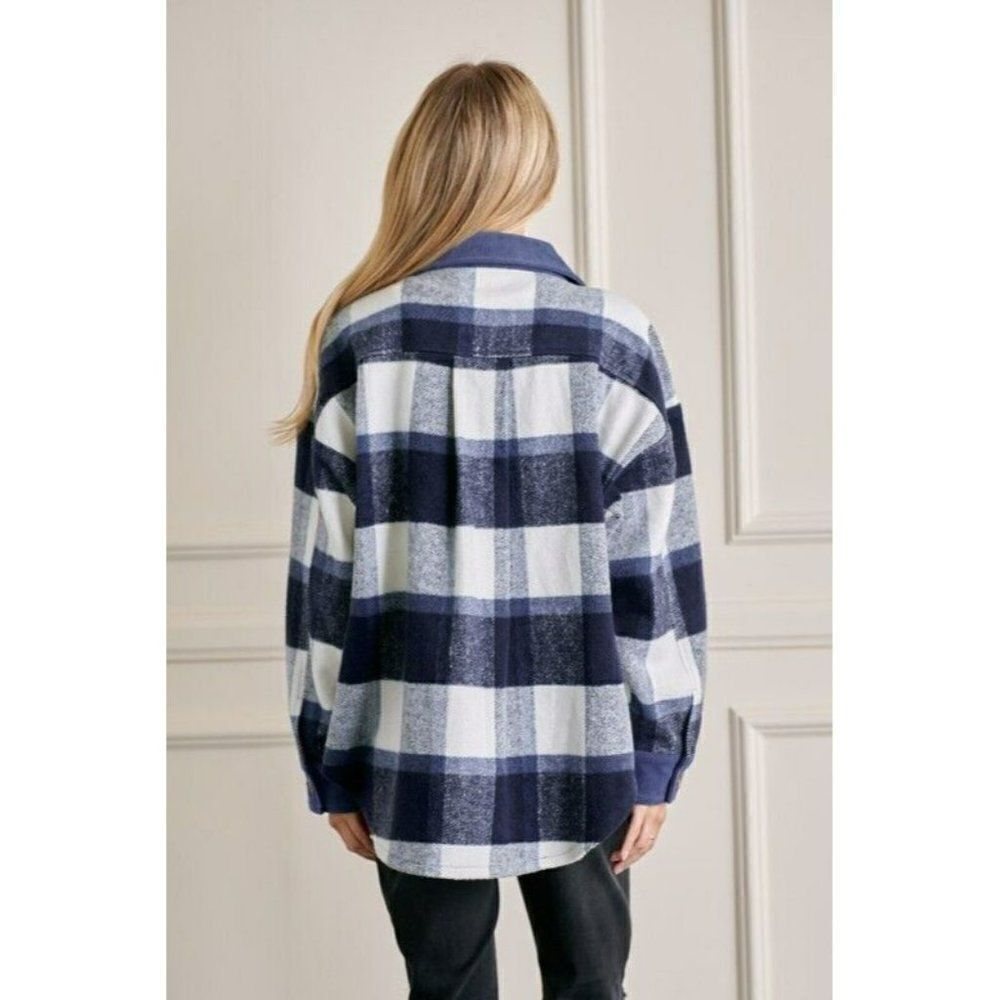 GeeGee Clothing Denim Blue Plaid Button Up Shirt Jacket Shacket  S-L SJ1798 - Picture 4 of 5